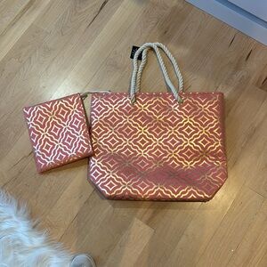 NWT Olivia Miller Pink/Orange BEACH Tote with Pouch